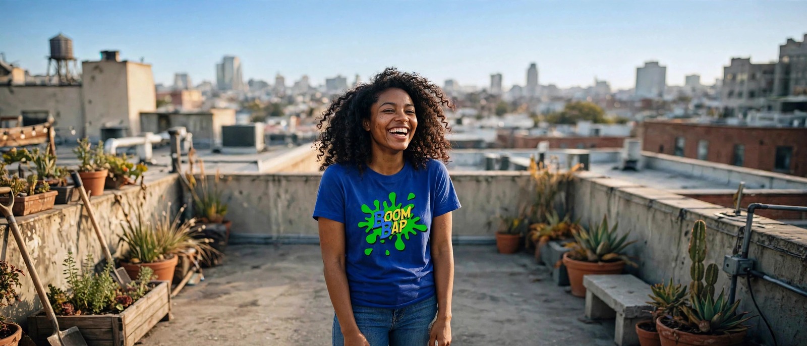 Woman laughing on a rooftop wearing the royal blue BOOM BAP splat tee
