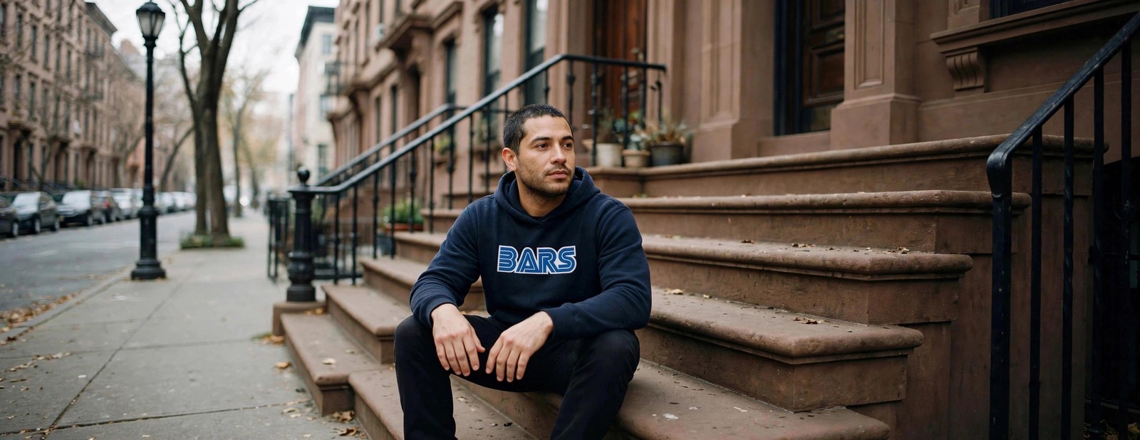 Man on brownstone steps wearing the navy BARS hoodie