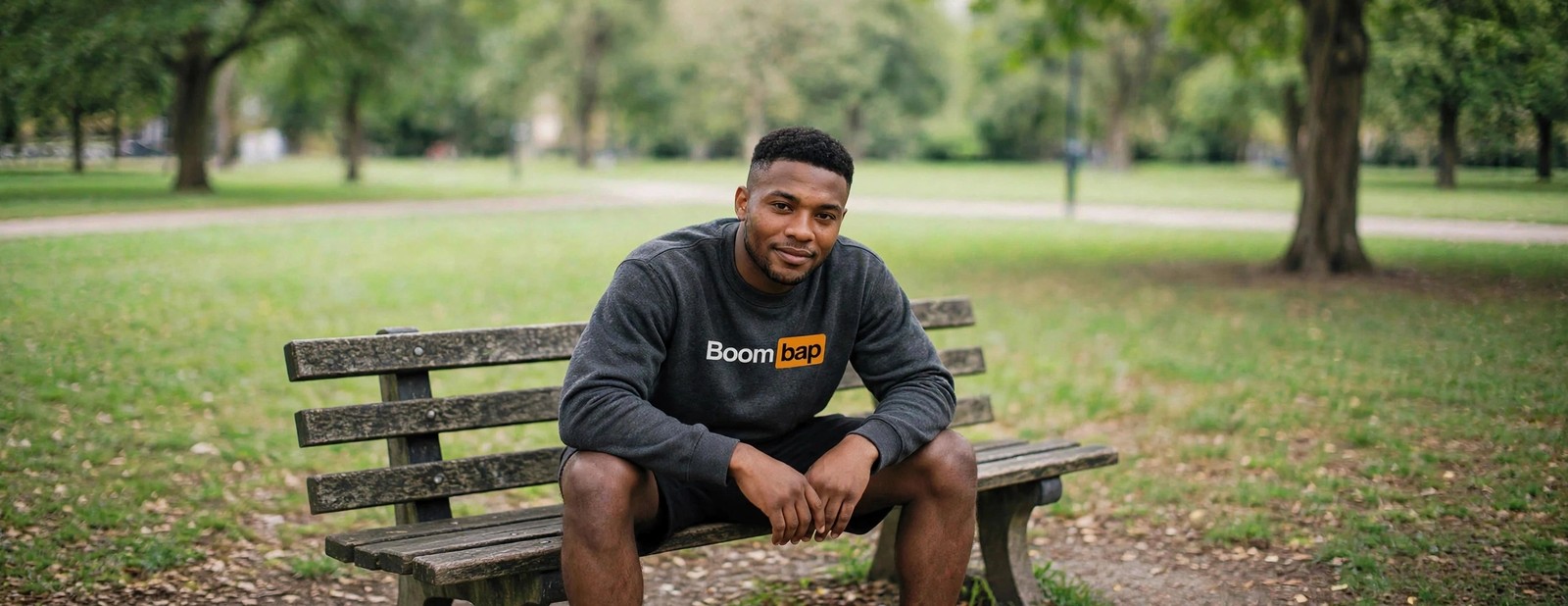 Man seated on a park bench wearing the heather gray Boom bap sweatshirt