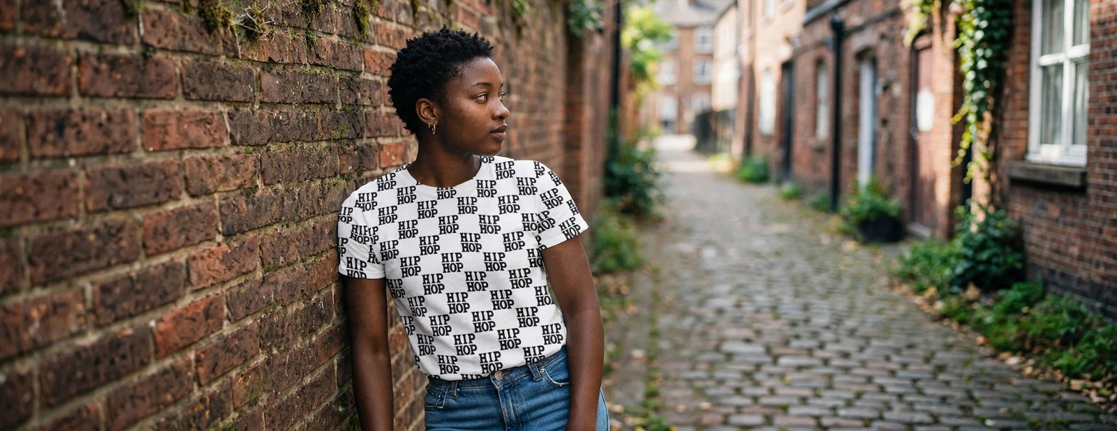 Woman leaning against a brick wall wearing the white HIP HOP all-over print tee